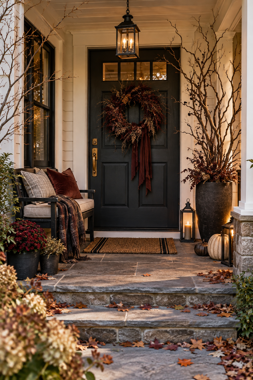 White cottage porch with muted pumpkins and branches