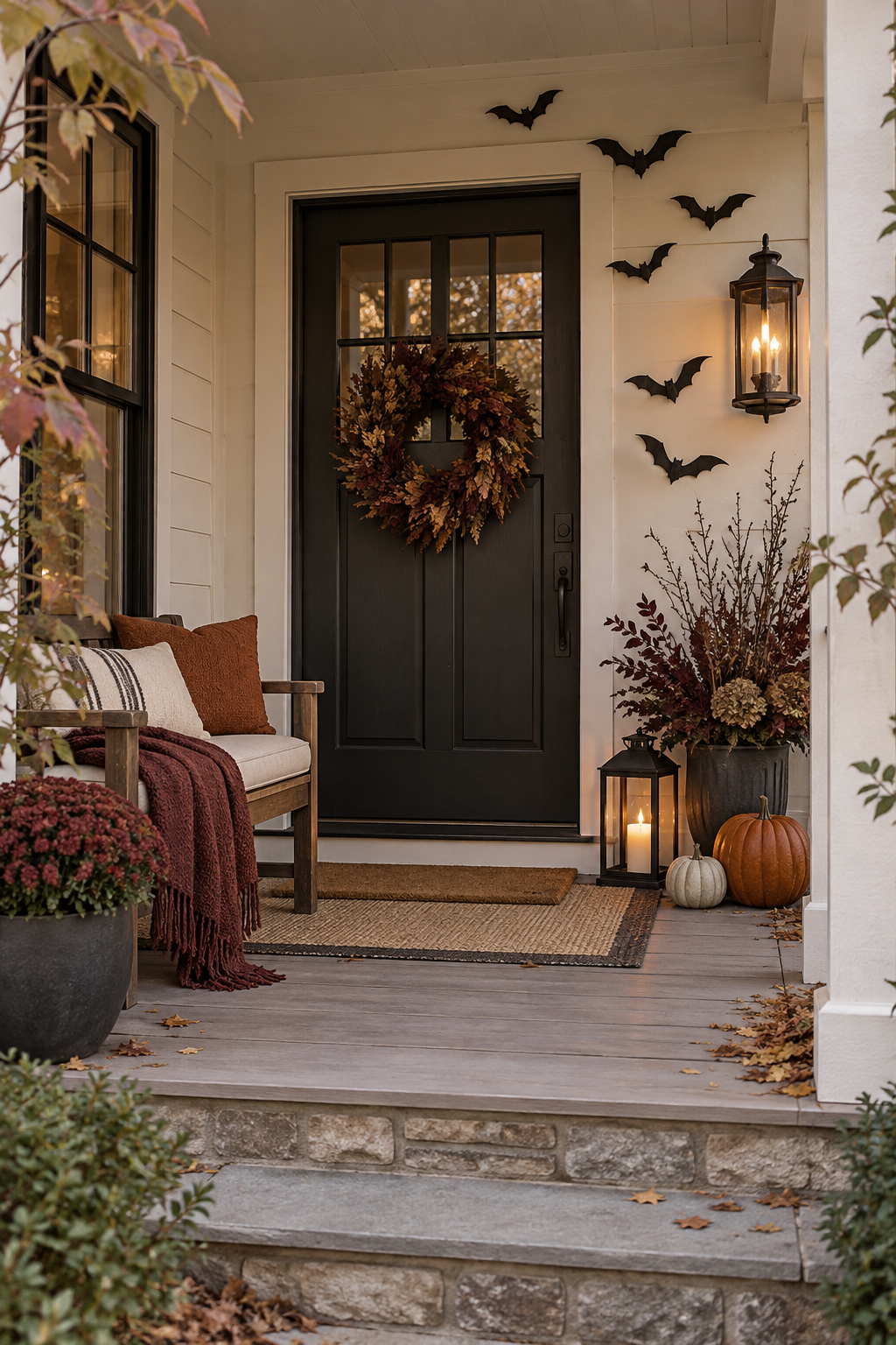 Nighttime small Halloween porch lighting