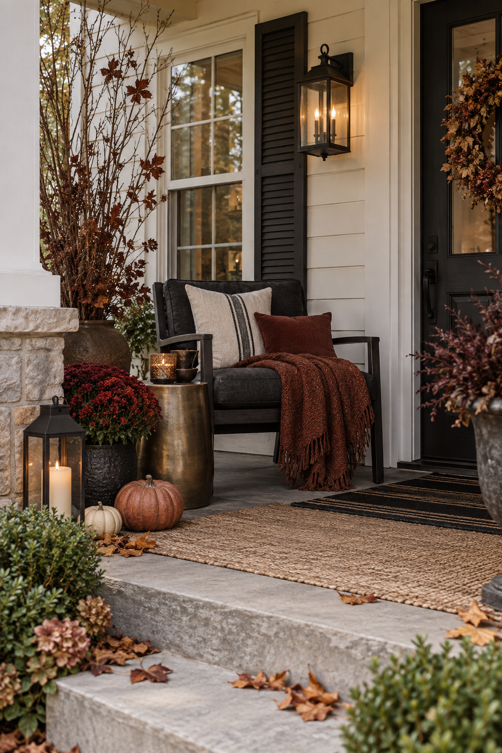 Black front door with burgundy Halloween wreath