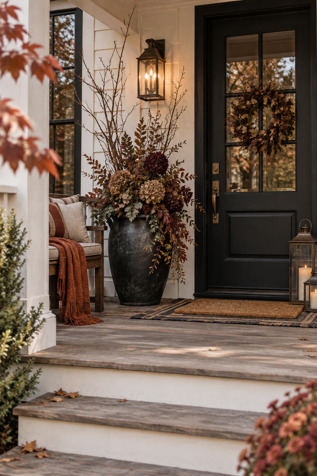Compact porch with dramatic black planter