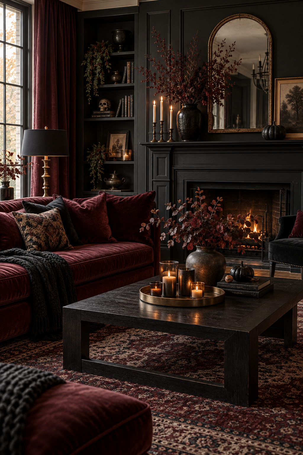 Burgundy and black Halloween living room