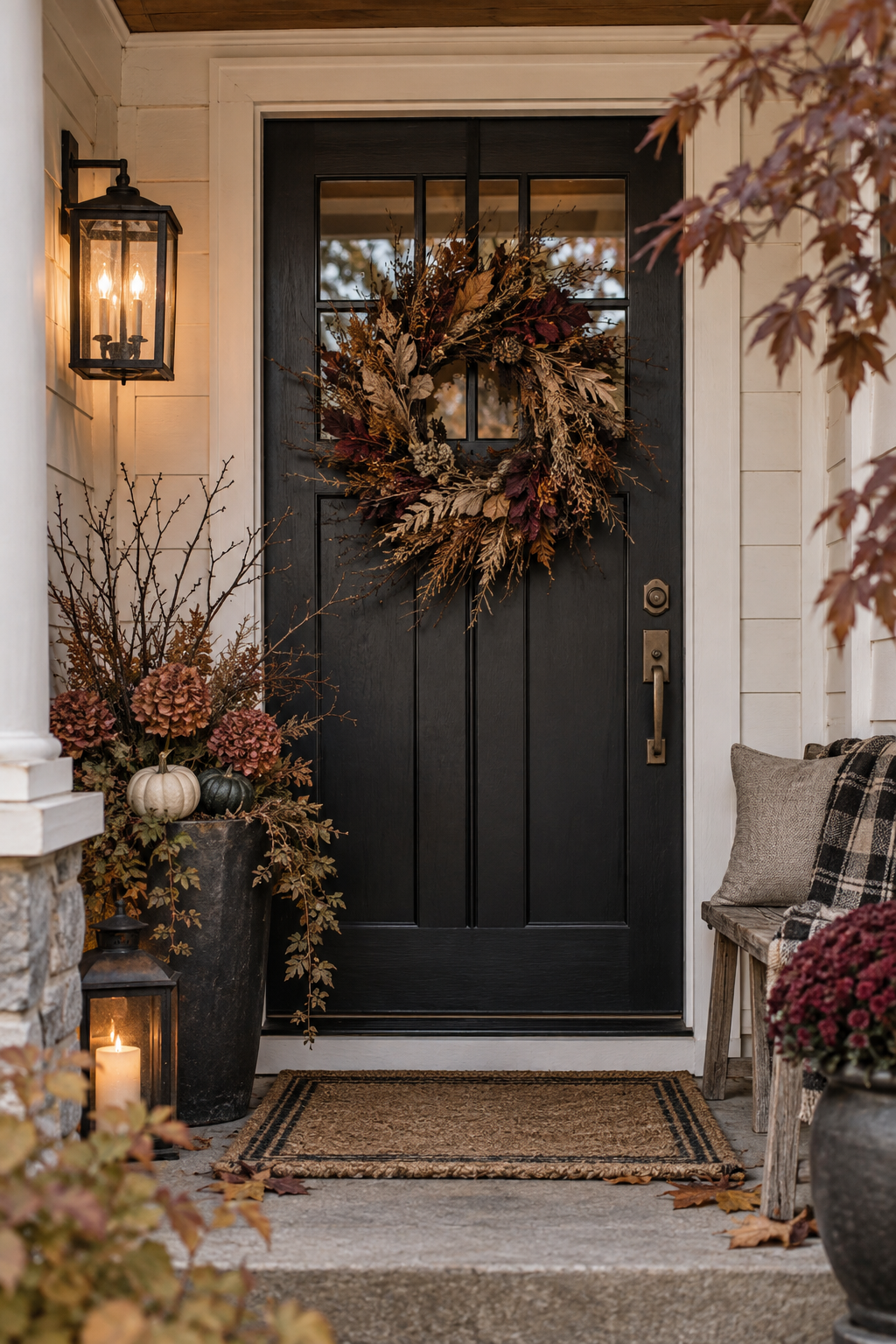 Small porch steps with staggered lanterns