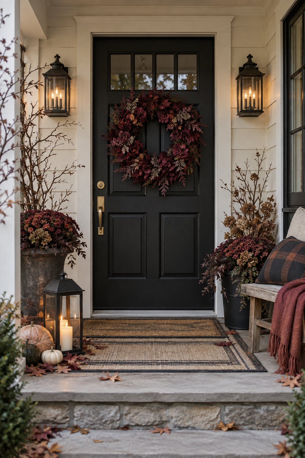 Covered porch chair with charcoal fall textiles