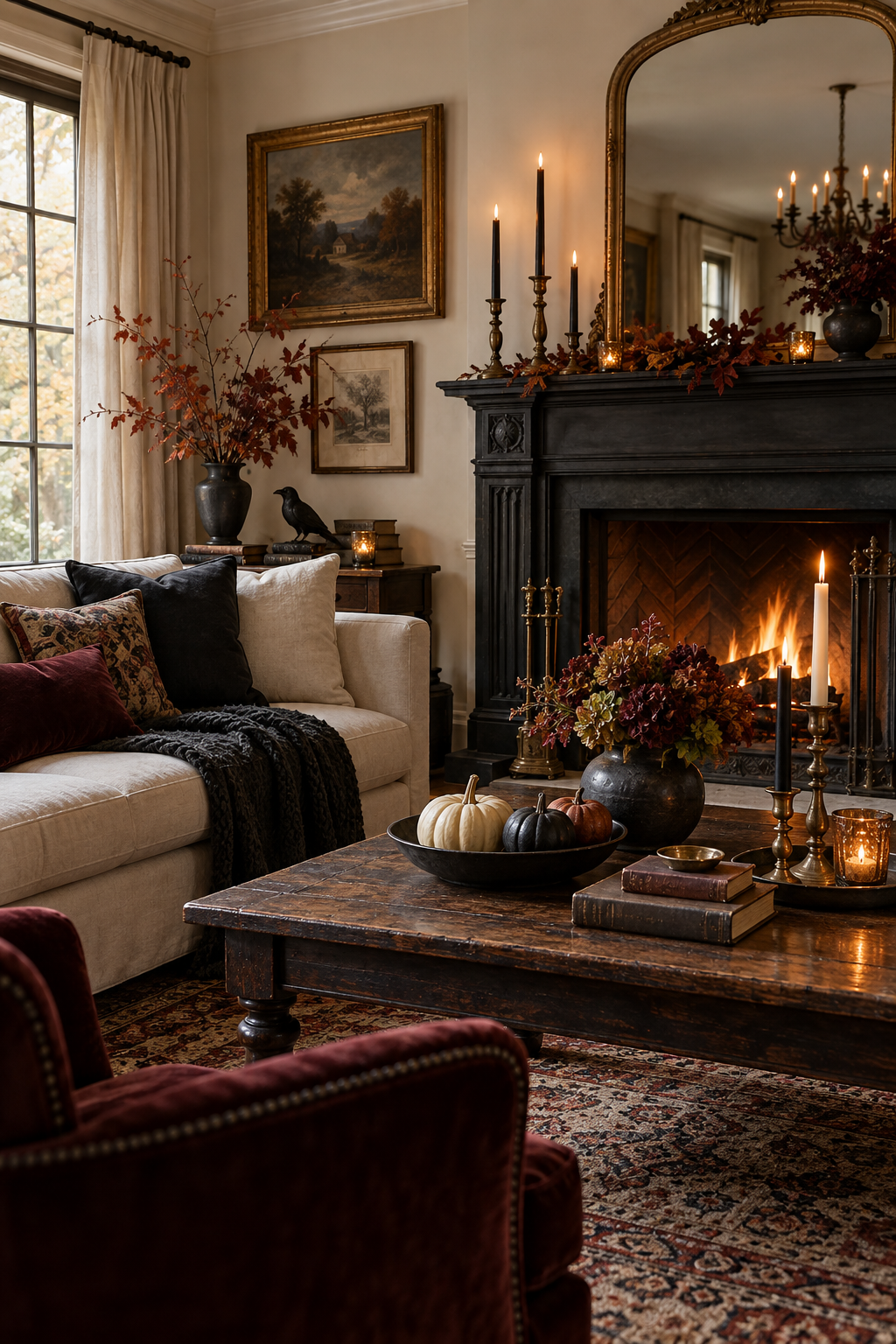 Elegant Halloween staircase with dark ribbon