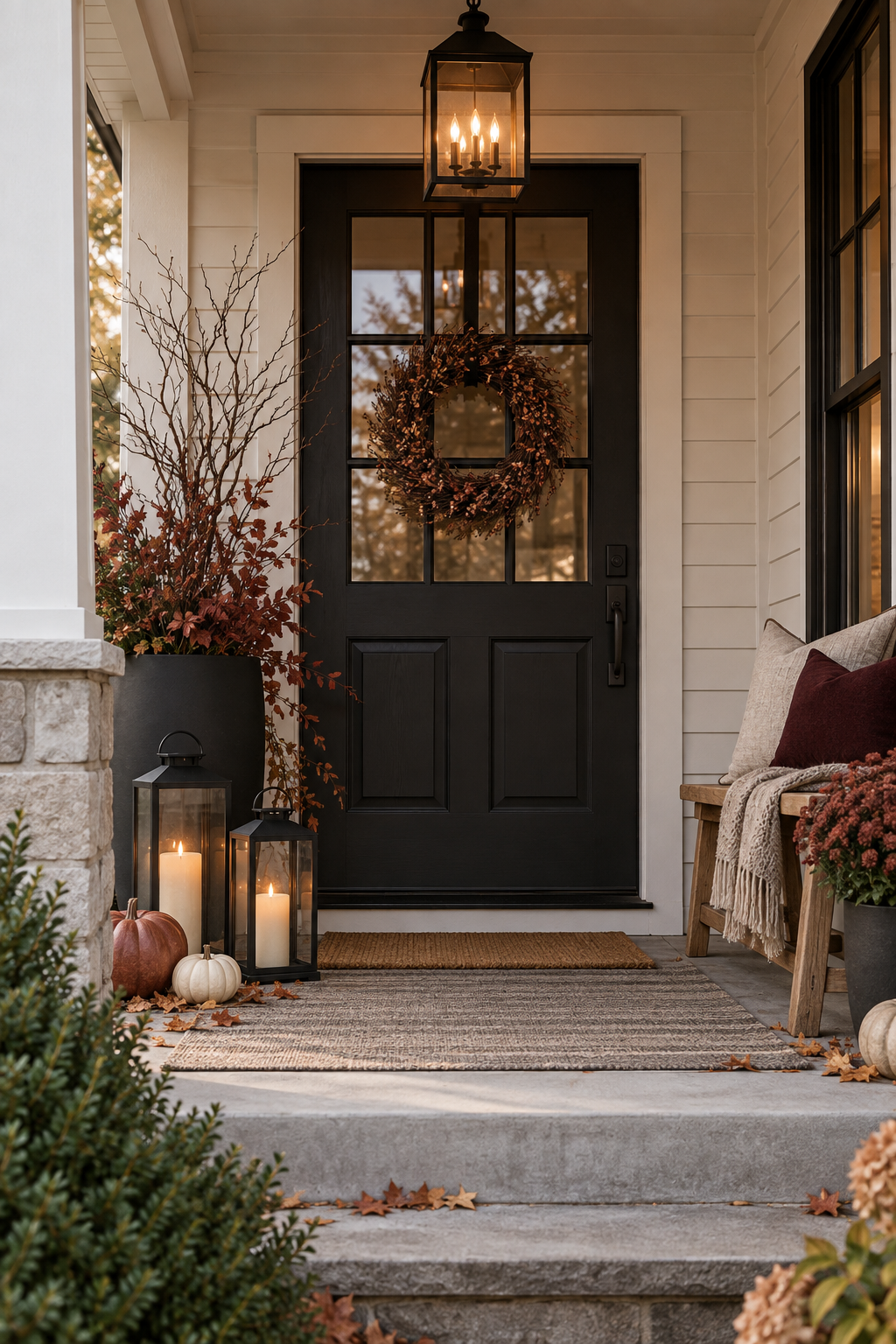 Townhouse Halloween porch with vertical garland