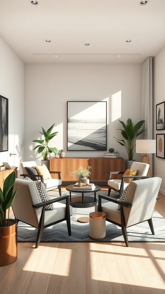 A cozy small living room featuring stylish accent chairs, a round coffee table, and decorative plants.