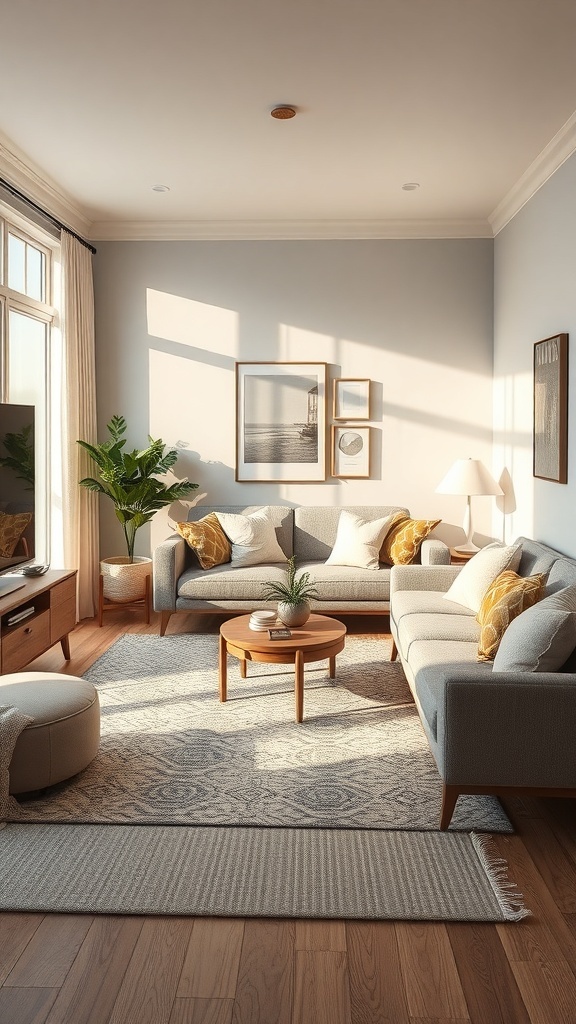 A cozy living room with a light area rug, two sofas, a coffee table, and plants.