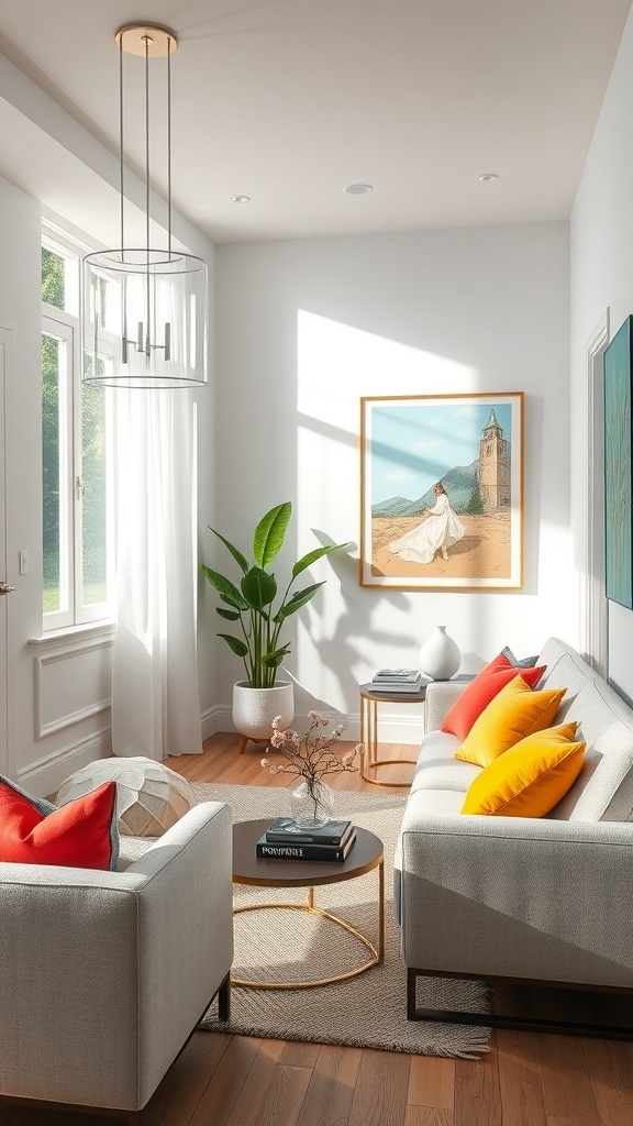 A cozy small living room featuring bright color accents with orange and yellow pillows on a light gray sofa.