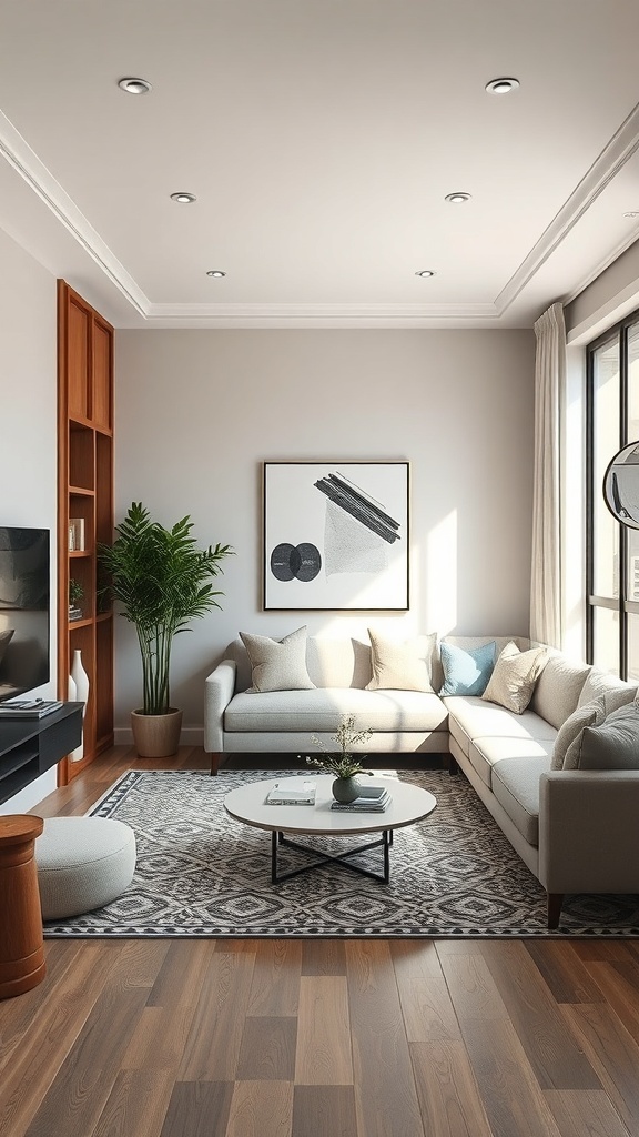 Cozy small living room with built-in seating and a stylish rug.