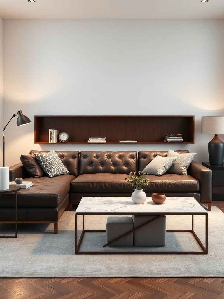 A chic dark brown leather sectional in a stylish small living room, featuring a marble coffee table and decorative pillows.
