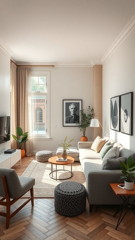 A cozy small living room with a neutral color palette, plants, and coordinated decor.