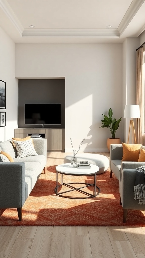 A modern small living room featuring a round coffee table, two sofas, and a warm rug.