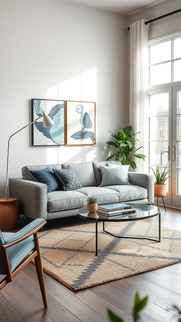 A cozy small living room featuring a compact love seat, a glass coffee table, and decorative plants.