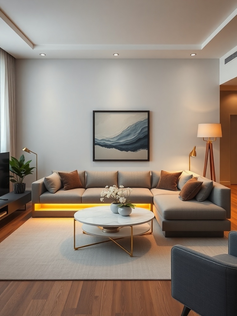 A modern compact sectional sofa with built-in lighting in a small living room setting.
