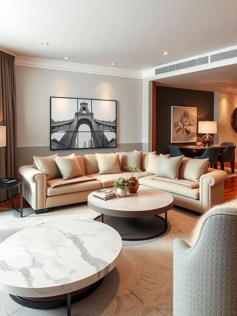 A stylish compact sectional sofa with storage in a small living room, featuring a marble coffee table and decorative elements.