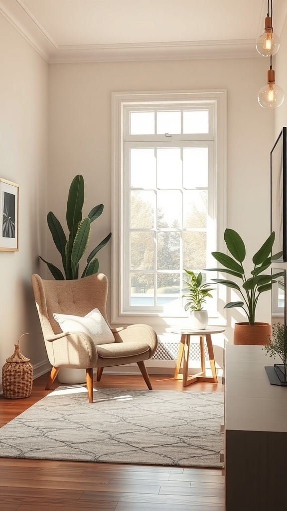 A cozy corner nook with a comfortable chair, side table, and plants.