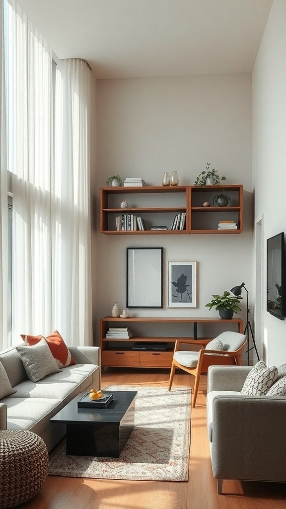 A small living room featuring a cozy corner with a chair, shelves, and natural light.