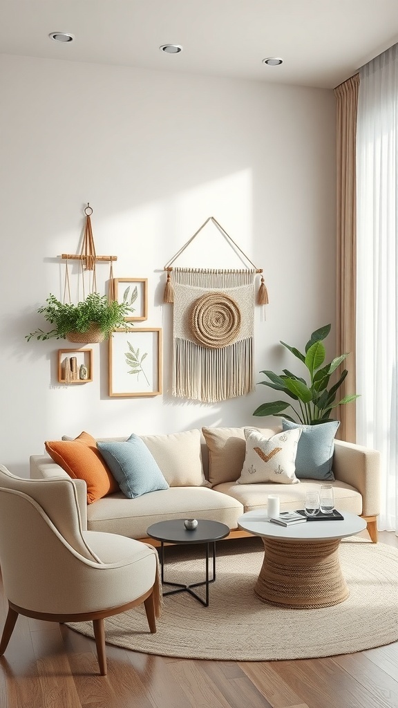 A cozy small living room featuring a woven wall hanging, framed botanical art, and decorative plants.