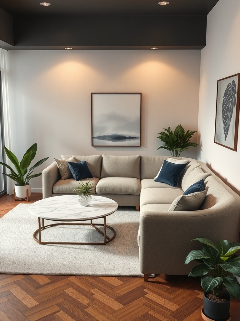 A cozy small living room featuring a curved sectional sofa with blue pillows, a marble coffee table, and plants.