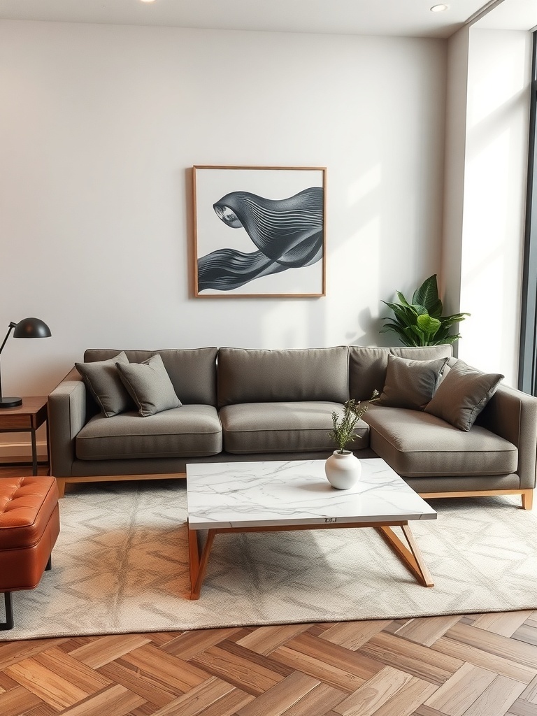 A modern sectional sofa in a small living room with a coffee table and artwork on the wall.
