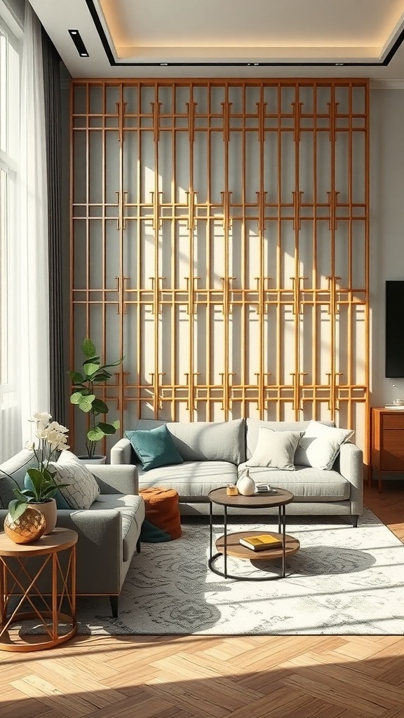A cozy living room featuring a wooden lattice room divider, grey sofas, and a stylish rug.