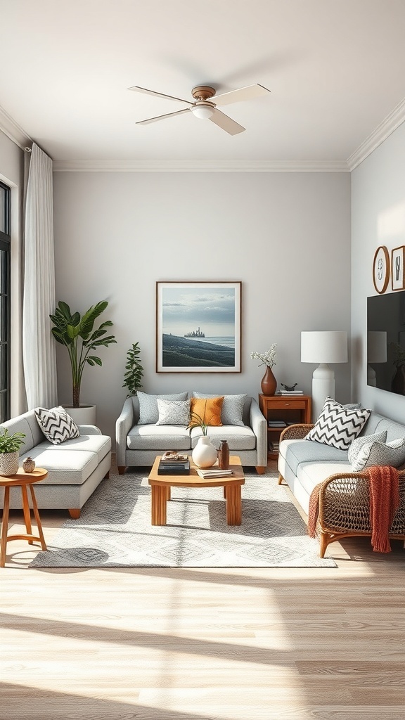 A cozy living room with light-colored sofas, a wooden coffee table, and decorative elements.