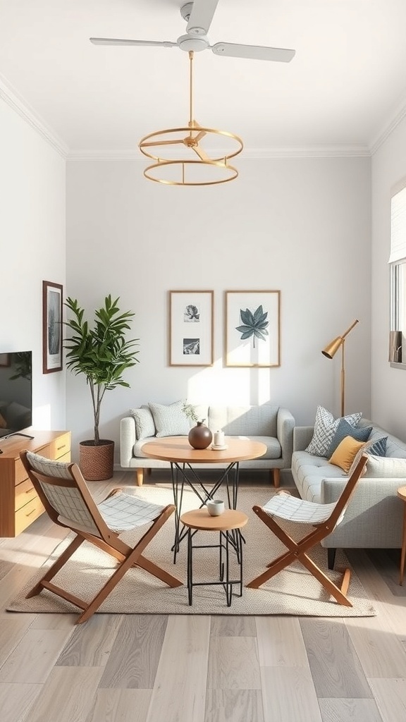 A cozy small living room with foldable furniture including chairs and a table.