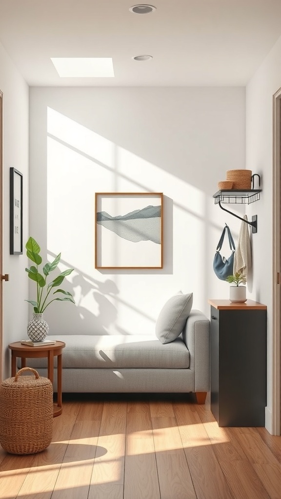 A small entryway featuring a cozy bench, plants, and storage solutions.