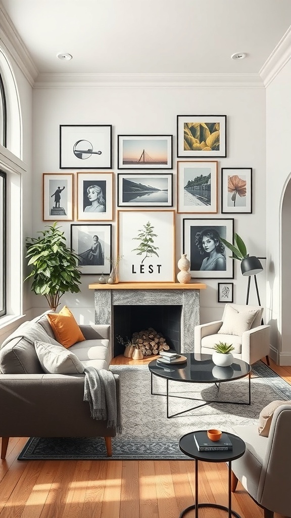 A cozy living room featuring a gallery wall with various framed artworks and photographs.