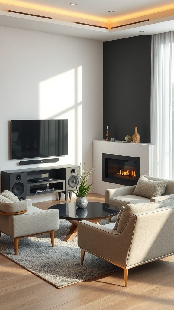 A modern small living room featuring a TV, sound system, and a cozy seating arrangement.
