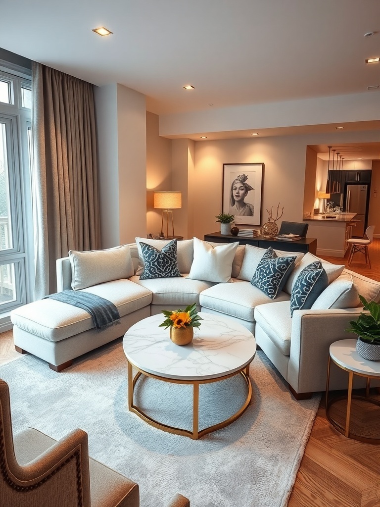 A cozy living room featuring an L-shaped sectional sofa with decorative pillows, a round coffee table, and warm lighting.