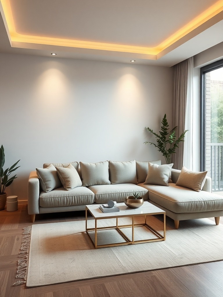 A light-colored low-profile sectional sofa in a small living room with potted plants and a coffee table.