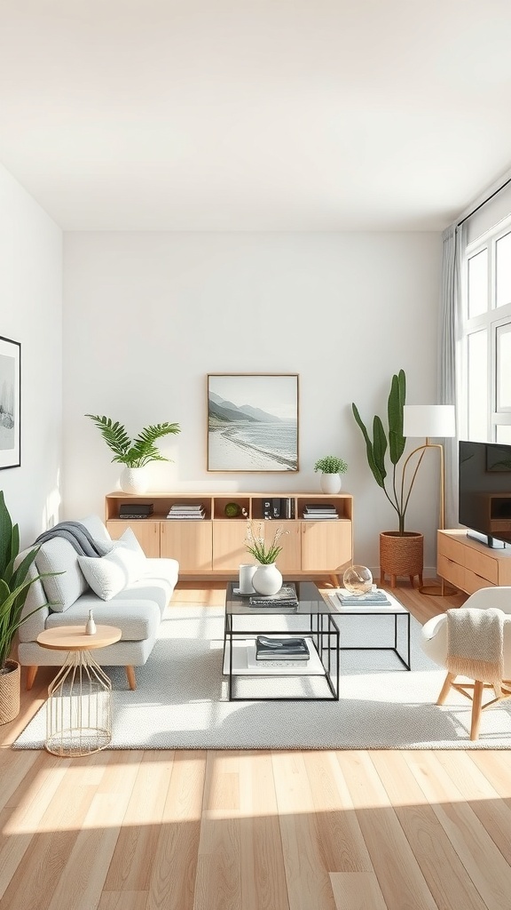 A minimalist living room with light colors, simple furniture, and decorative plants.