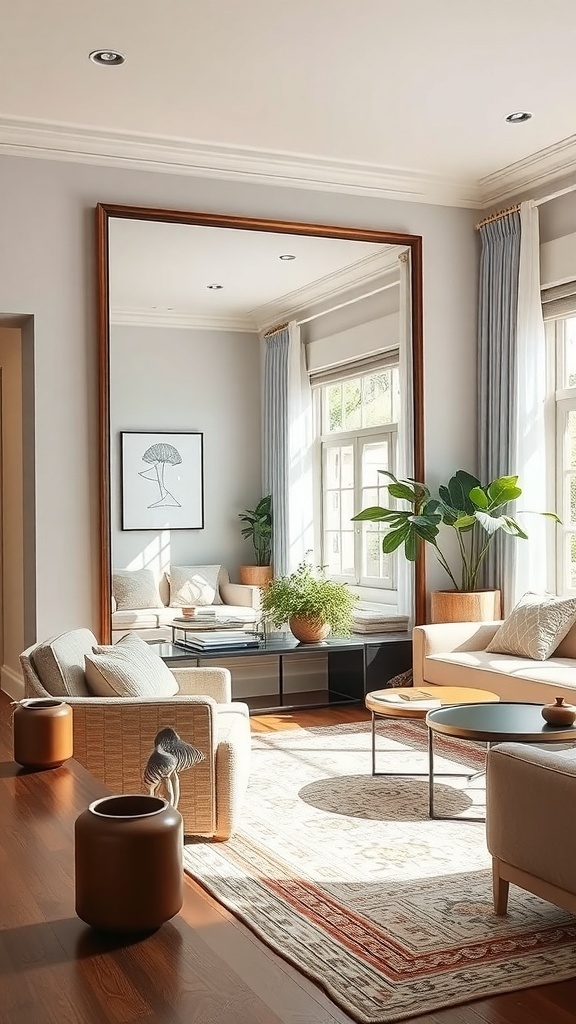A cozy living room featuring a large mirror, plants, and comfortable seating.