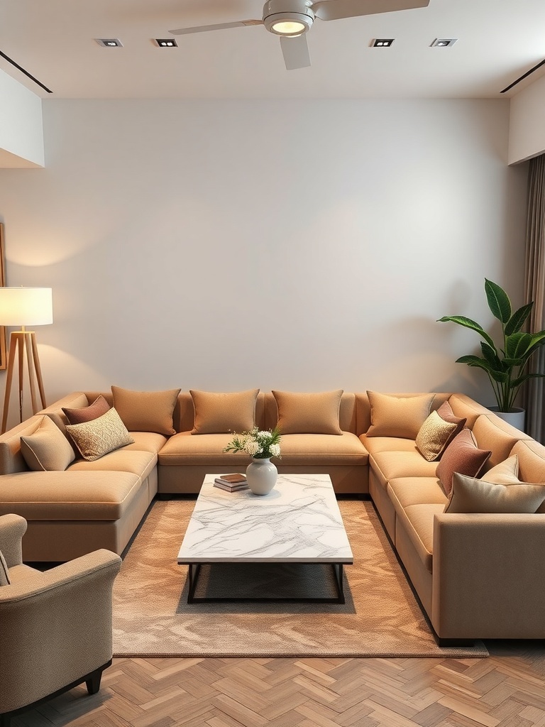 A cozy modular sectional in a small living room, featuring beige upholstery and a marble coffee table.