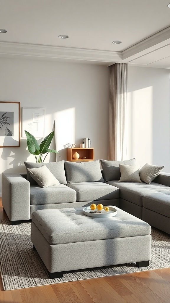 A cozy small living room featuring a multi-functional gray sectional sofa and an ottoman.
