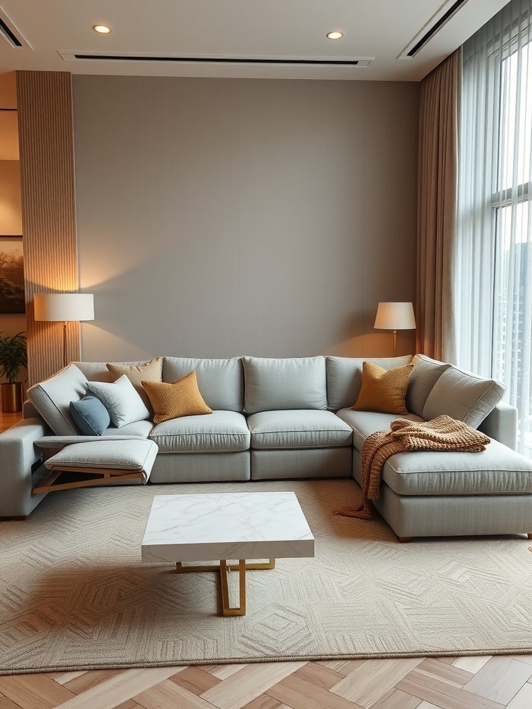 A stylish multi-functional sectional sofa with recliners in a small living room setting.