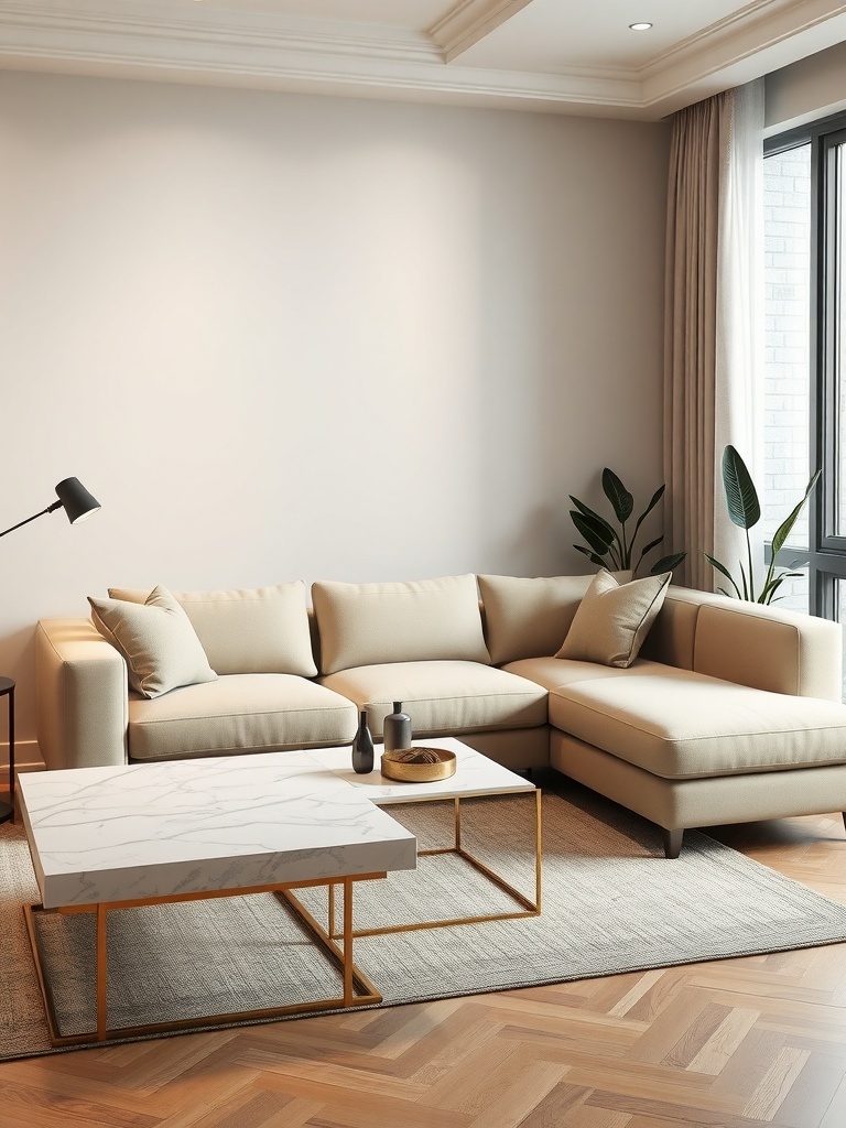 A cozy beige sectional sofa in a minimalist living room with a marble coffee table and a plant.