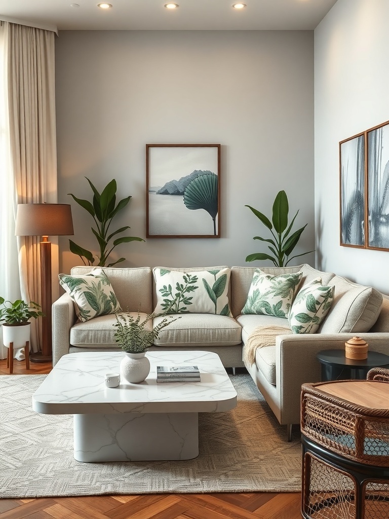 A cozy living room featuring a light sectional sofa with botanical print cushions, potted plants, and natural wood furniture.