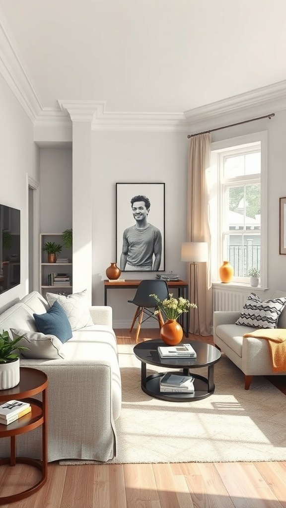 A cozy small living room with a modern design, featuring a portrait on the wall, stylish furniture, and decorative plants.