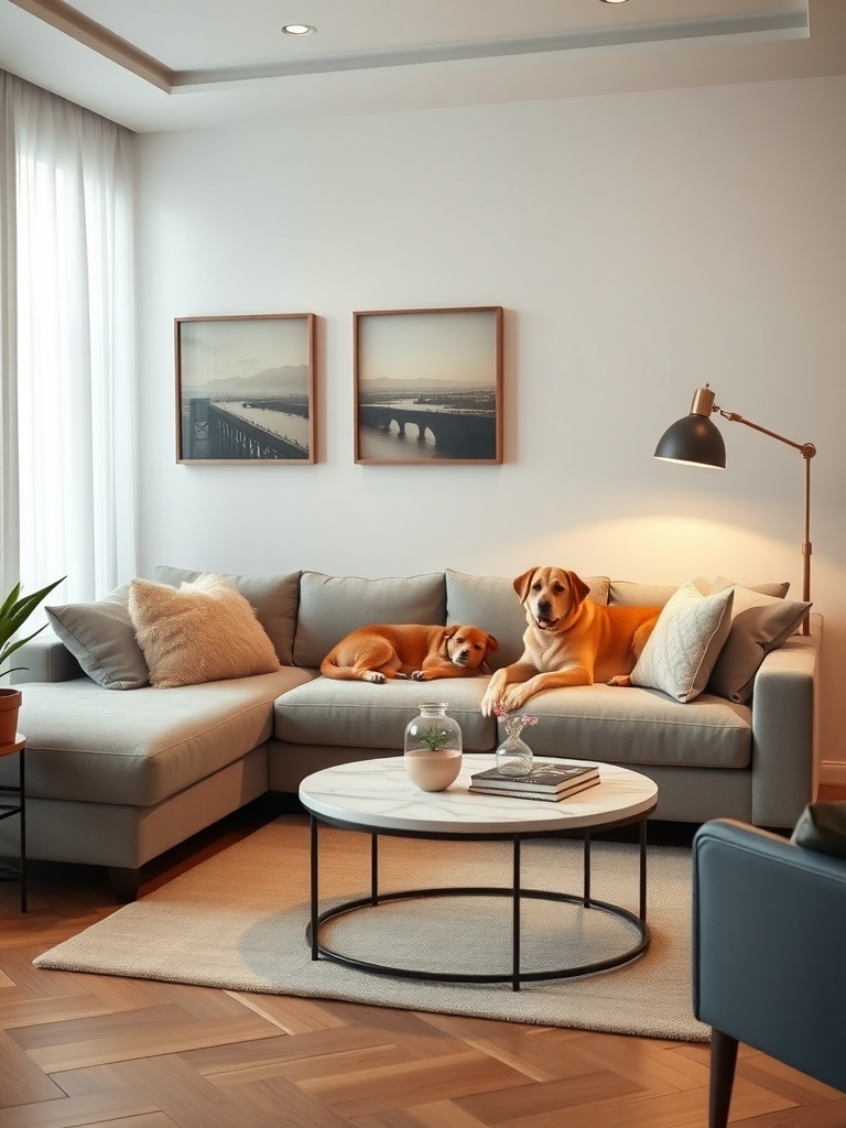 A cozy living room with a light gray sectional sofa and two dogs lounging on it.