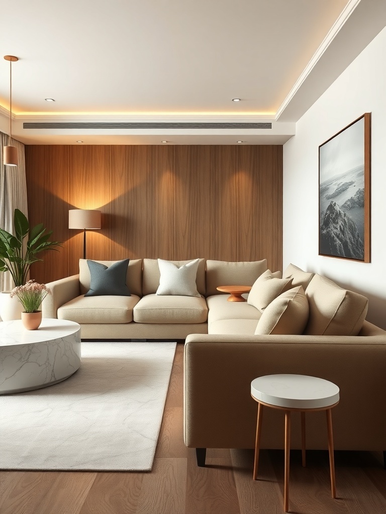 A Scandinavian style sectional sofa in a small living room with warm wood accents and a marble coffee table.