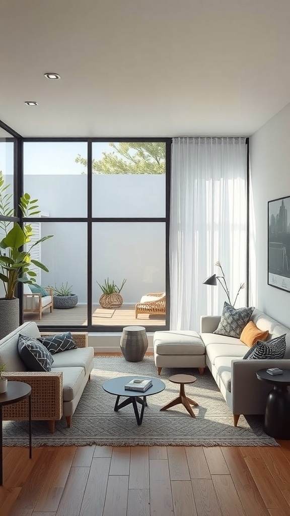 A stylish small living room with large windows, light curtains, and plants, creating a seamless indoor-outdoor flow.