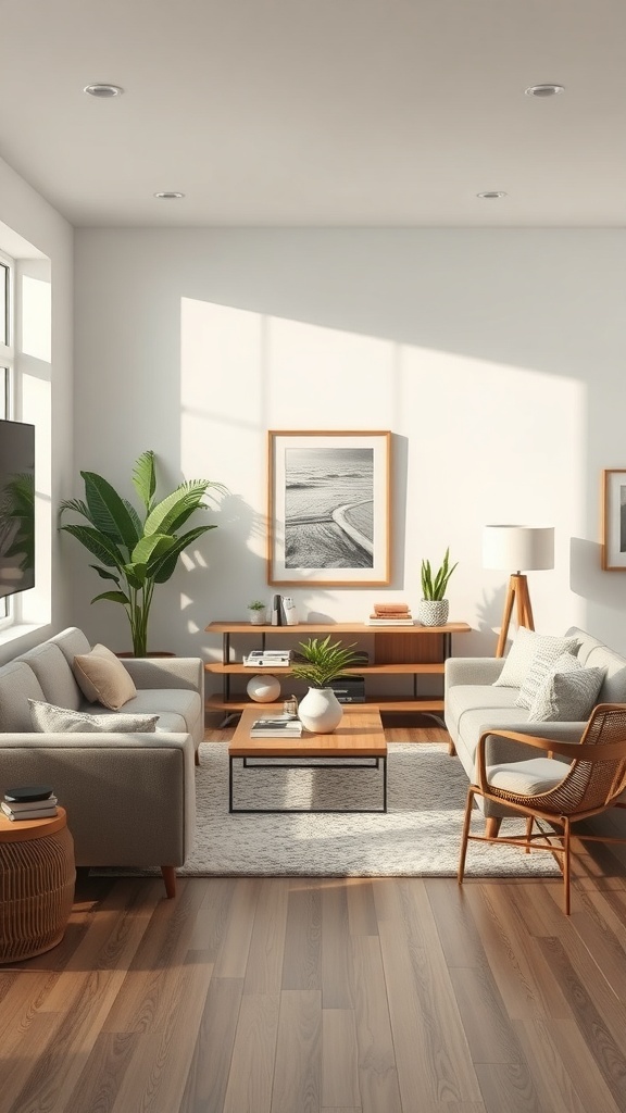 A bright and airy small living room with two sofas, a coffee table, and plants, showcasing a clean and modern design.