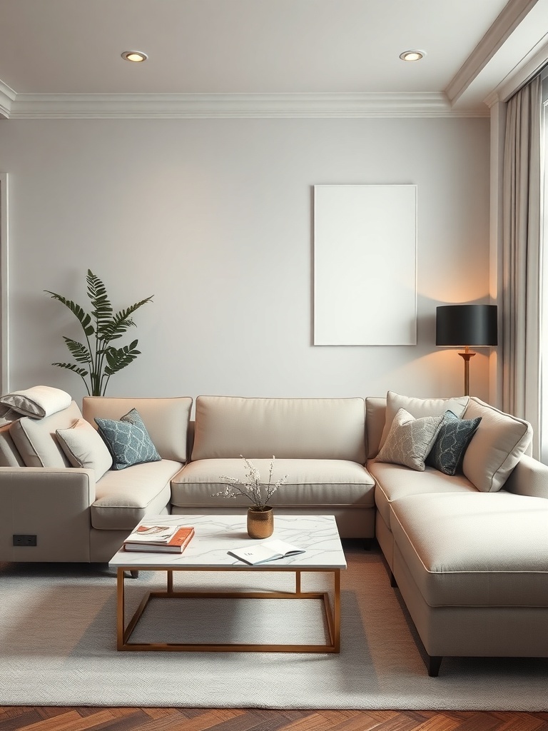 A cozy living room featuring a light-colored sectional sofa with adjustable headrests, a coffee table, and a plant.