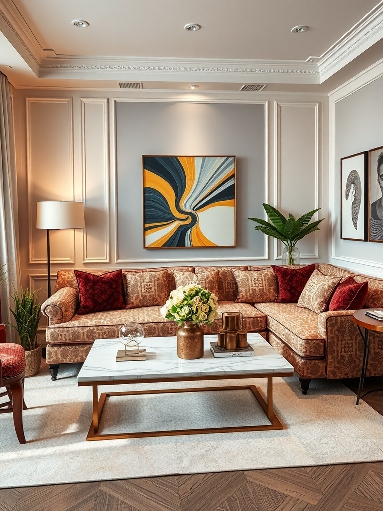A stylish living room featuring a patterned sectional sofa, accent pillows, and a modern coffee table.