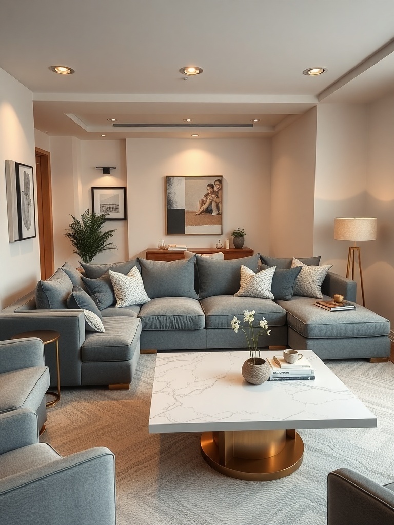 A modern living room featuring a gray sectional sofa with built-in cup holders, a marble coffee table, and stylish decor.