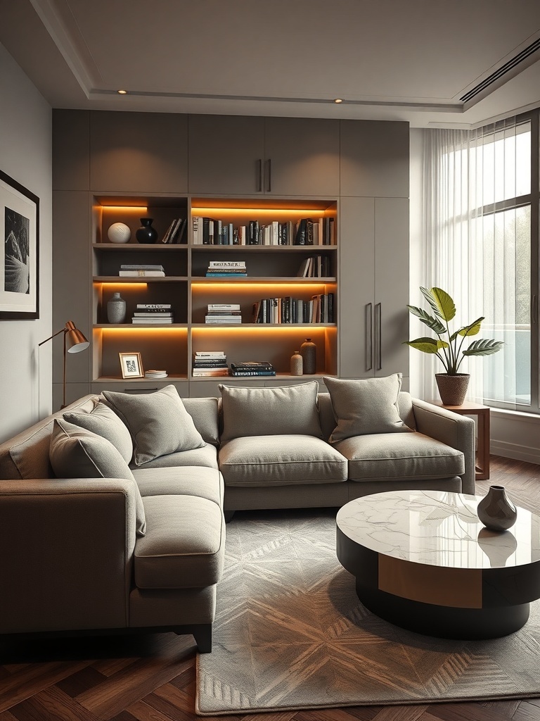 A modern living room featuring a light-colored sectional sofa with integrated shelving, showcasing books and decorative items, and a round coffee table.