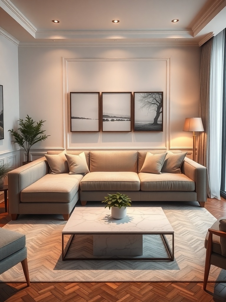 A modern sectional sofa with removable covers in a small living room setting, featuring a coffee table and decorative plant.