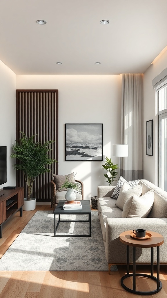 A small living room with smart lighting solutions, featuring overhead lights and lamps.